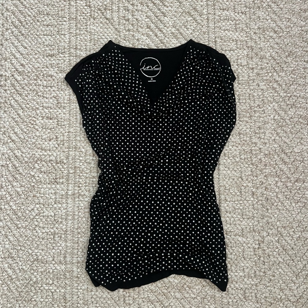 INC International Concepts Black Rhinestone Polka Dot Cowl Neck Ruched Top M